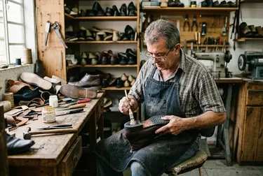 Sapateiro realizando colagem de sola de um calçado.