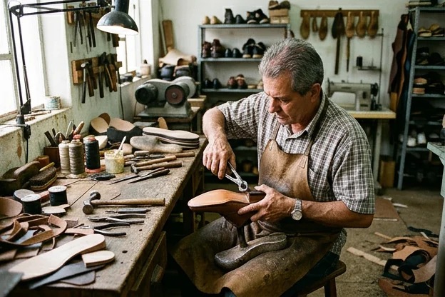 Sapateiro trocando palmilhas em um par de sapatos.