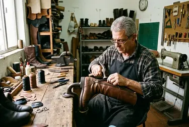 Sapateiro consertando o zíper de uma bota.