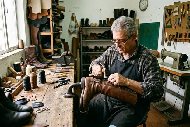 Sapateiro consertando o zíper de uma bota.