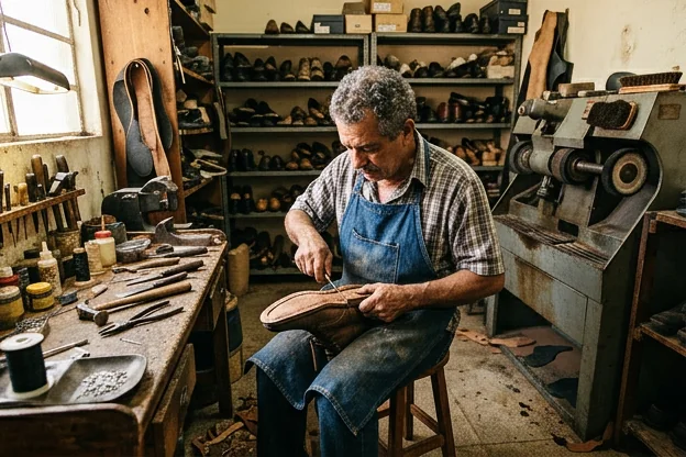Sapateiro em Salto ajustando um par de sapatos com ferramentas especiais.