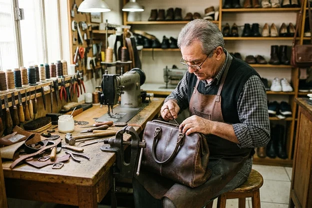 Sapateiro restaurando uma bolsa de couro danificada.